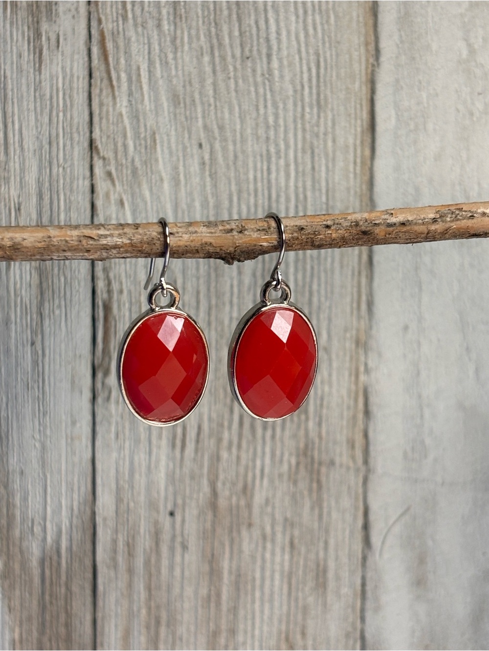Carnelian-Style Bezel Drop Earrings — Silver-Tone